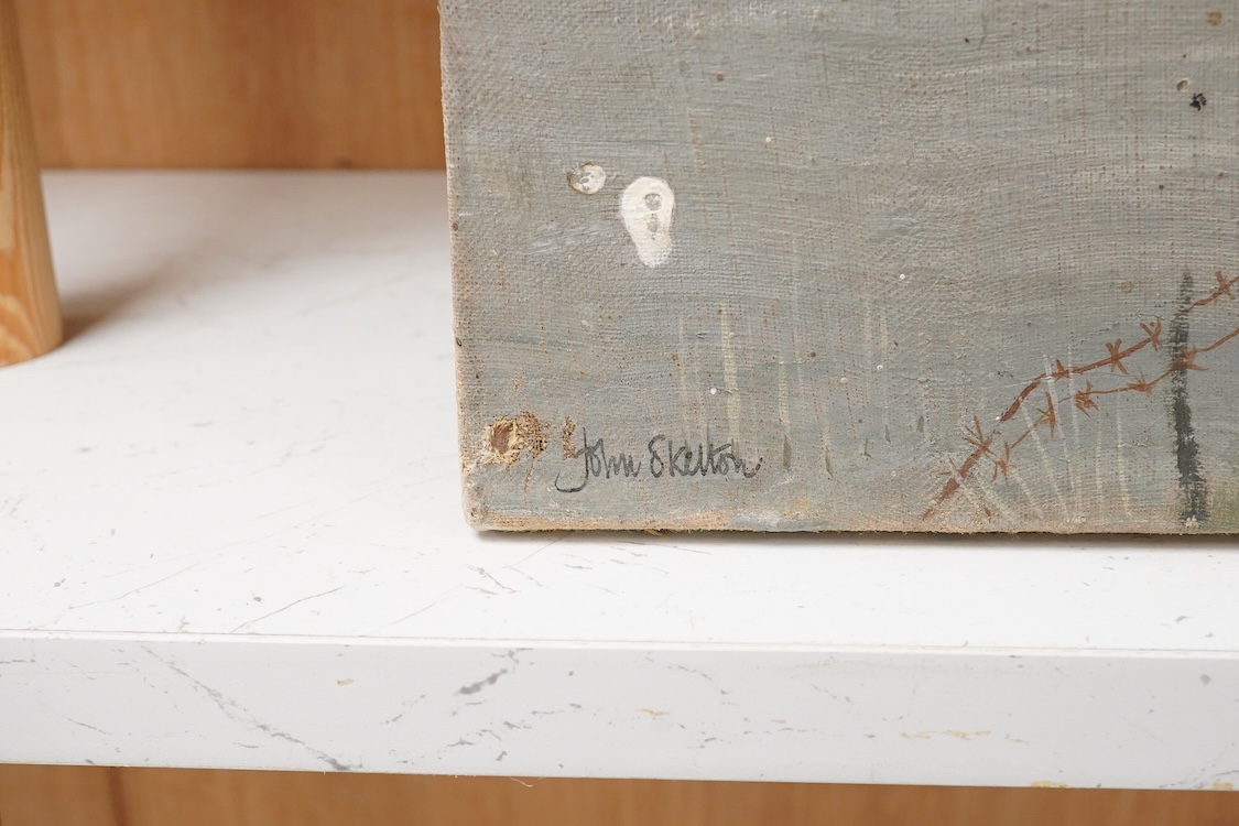 John Skelton (1925-2009), Mountainous lakeside view with boats, signed, oil on canvas, 40 x 61cm, unframed, Provenance: from the artist's family